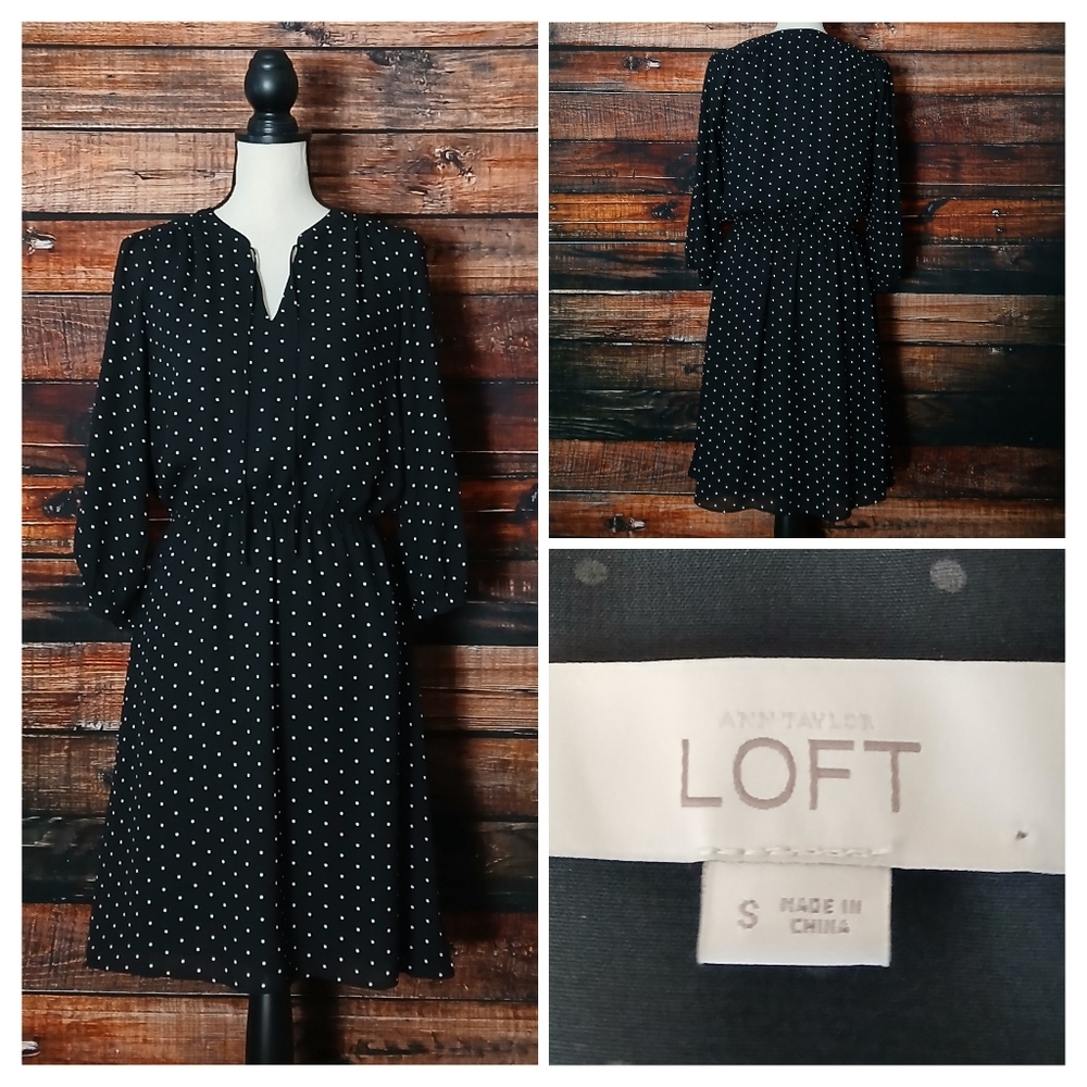 Ann Taylor LOFT Dress S Black White Polka Dot Elastic Waist 3/4 Sleeve Lined
